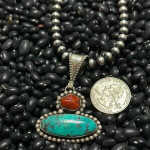 Authentic Navajo Turquoise, Mediterranean Coral and Sterling Silver Pendant